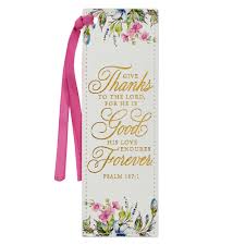 Christian Art Gifts Premium Vegan Leather Scripture Bookmark for Women: Give Thanks - Ps. 107:1 Inspirational Bible Verse, Creamy Floral