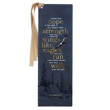 Christian Art Gifts Faux Leather Heat-Debossed Bookmark for Men & Women: On Wings Like Eagles - Isaiah 40:31 Inspirational Bible Verse, Navy Blue W/Si